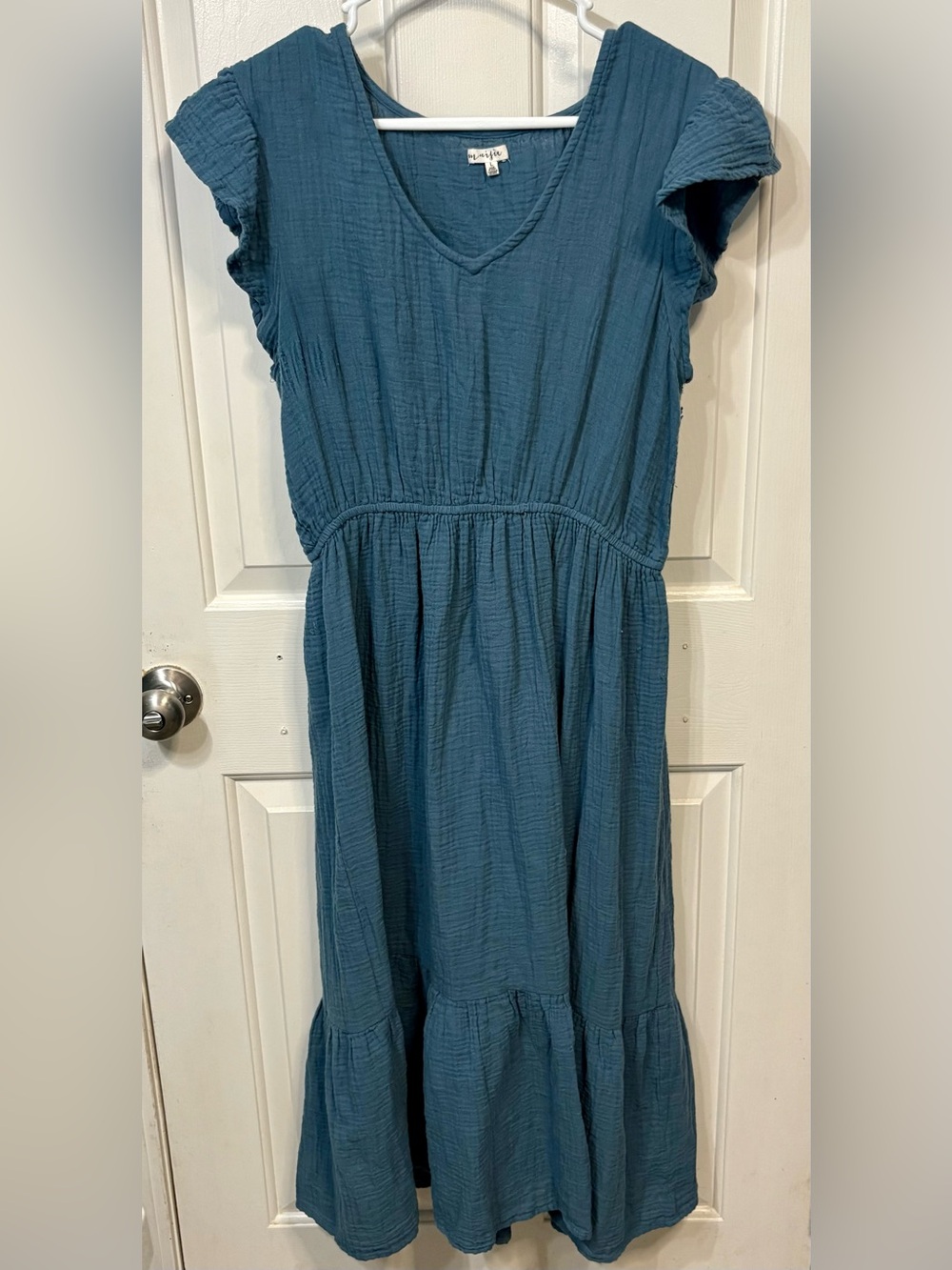 Women's Teal Maxi Dress with V-Neck and Ruffle Sleeve